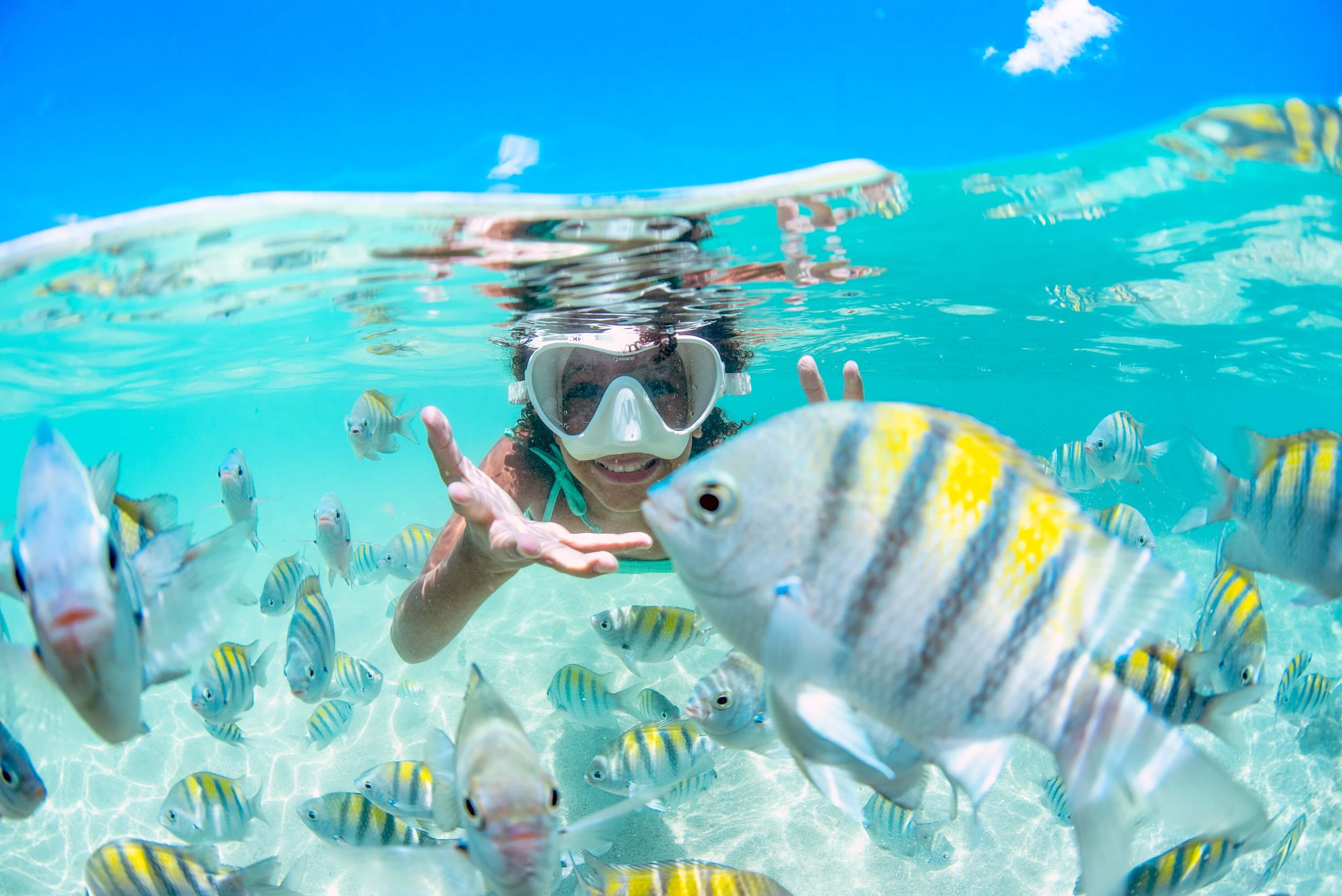 Criança nadando com peixes nas piscinas naturais de Maragogi, em Alagoas.