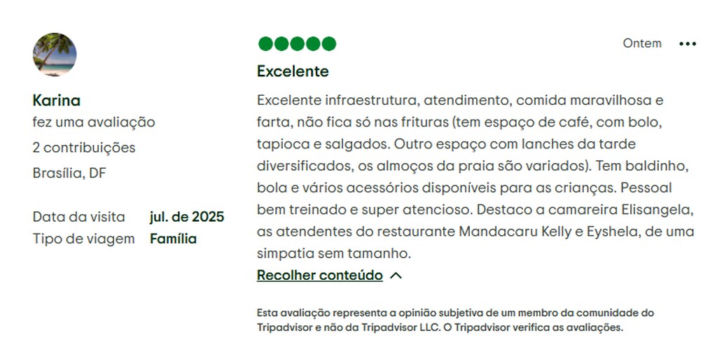 Avaliação de experiência positiva no Resort Salinas. A cliente destaca a excelente infraestrutura, atendimento e comida deliciosa, incluindo opções de café, bolo, tapioca e salgado.